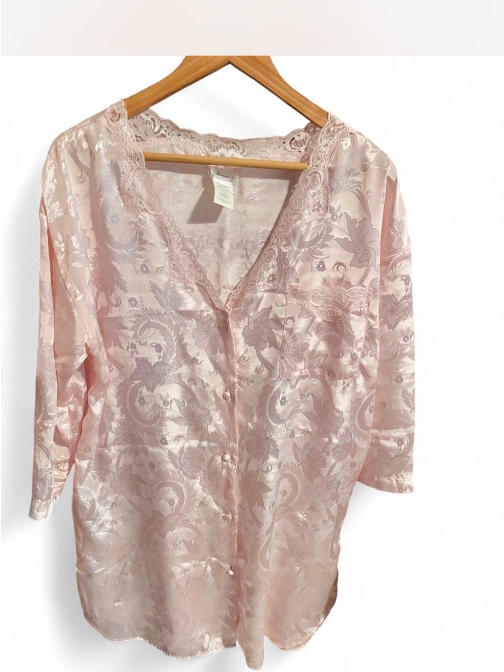 Vintage Adonna Satin Floral Lace Trim V-Neck Nightgown in Pale Pink Grabdmacore